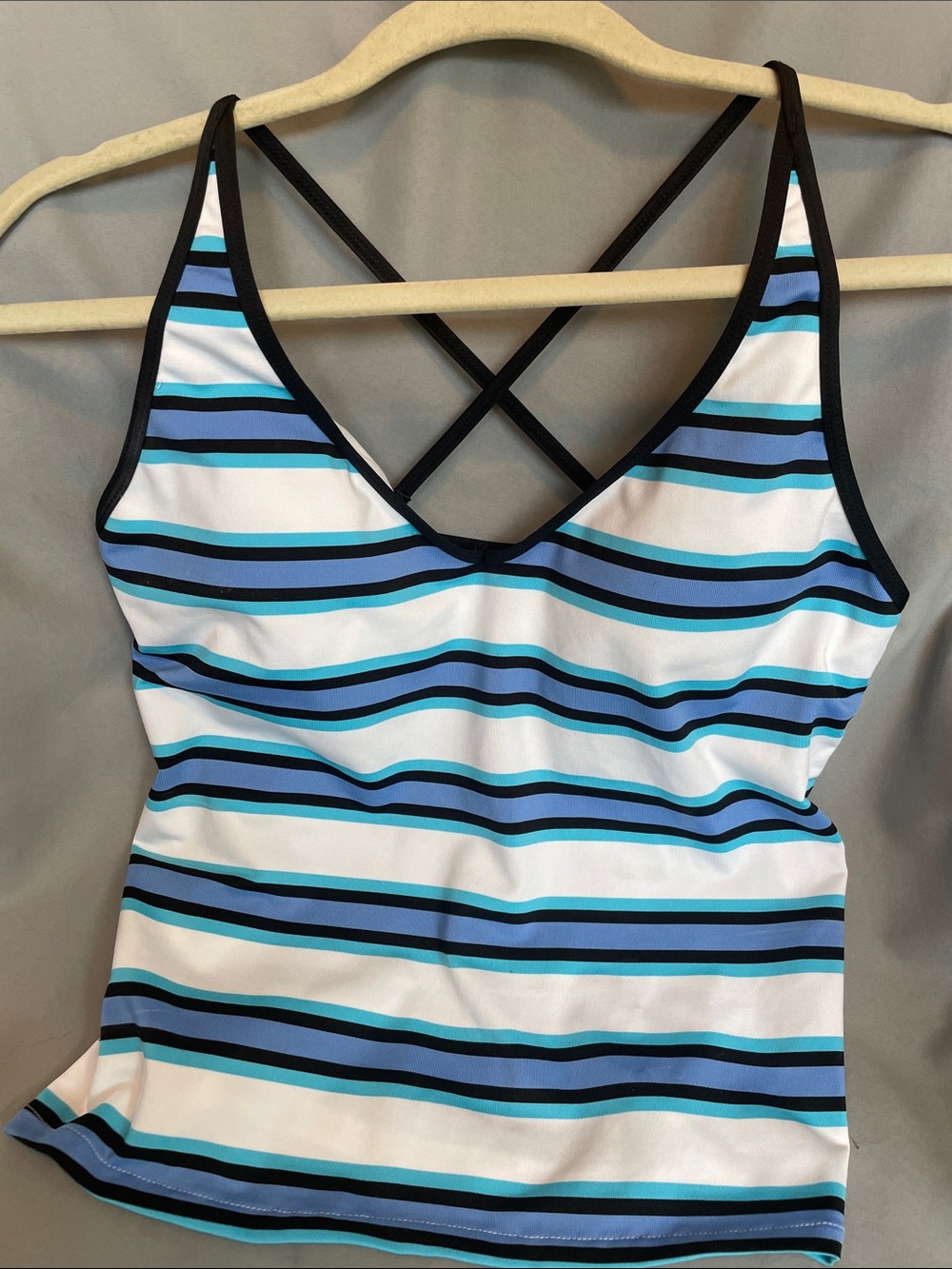 Women’s Blue Striped tank with Crossback & sewn-in support Large